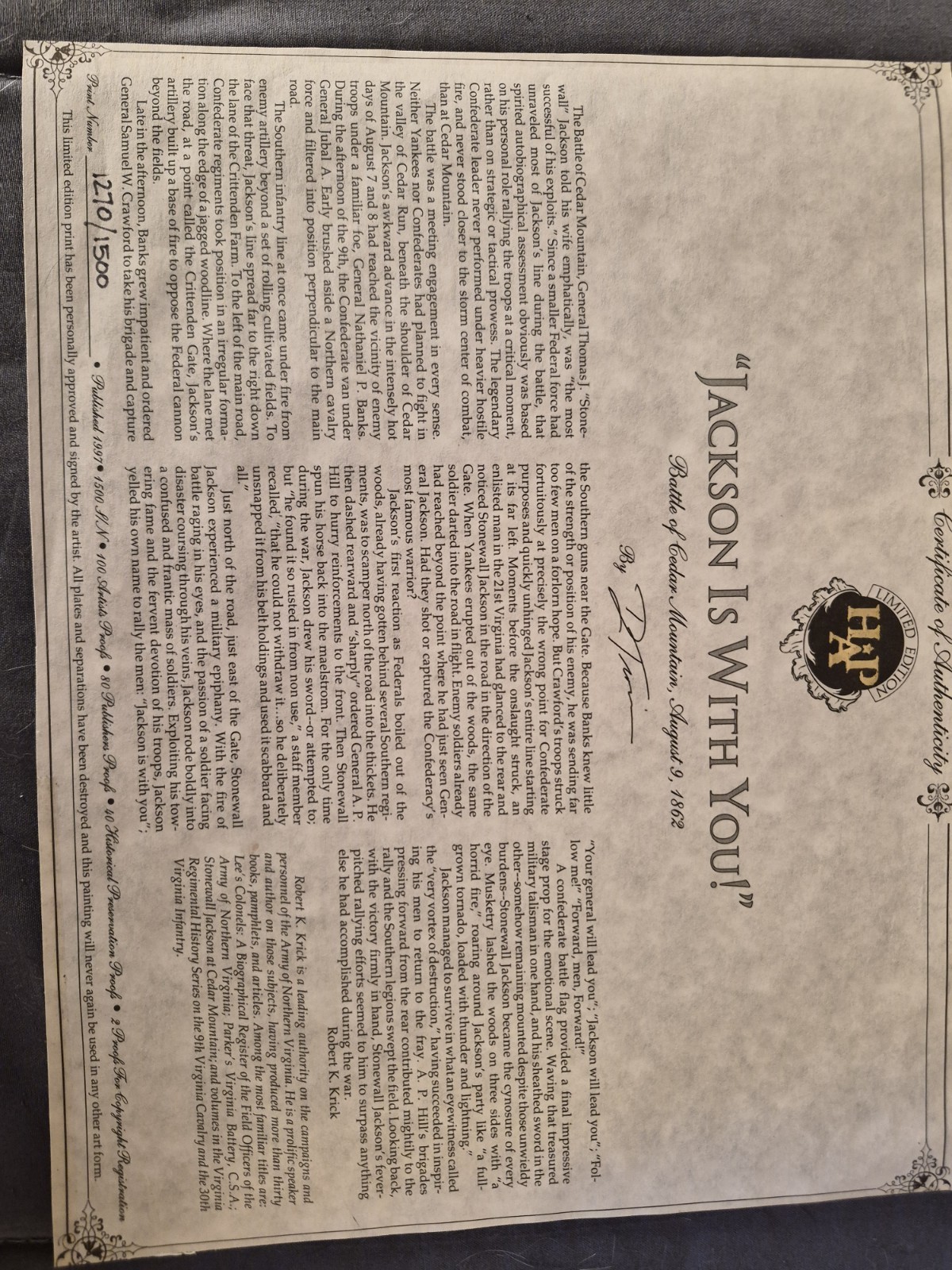 Don Troiani “Jackson Is With You!” Signed Limited Edition Print 1270/1500 COA