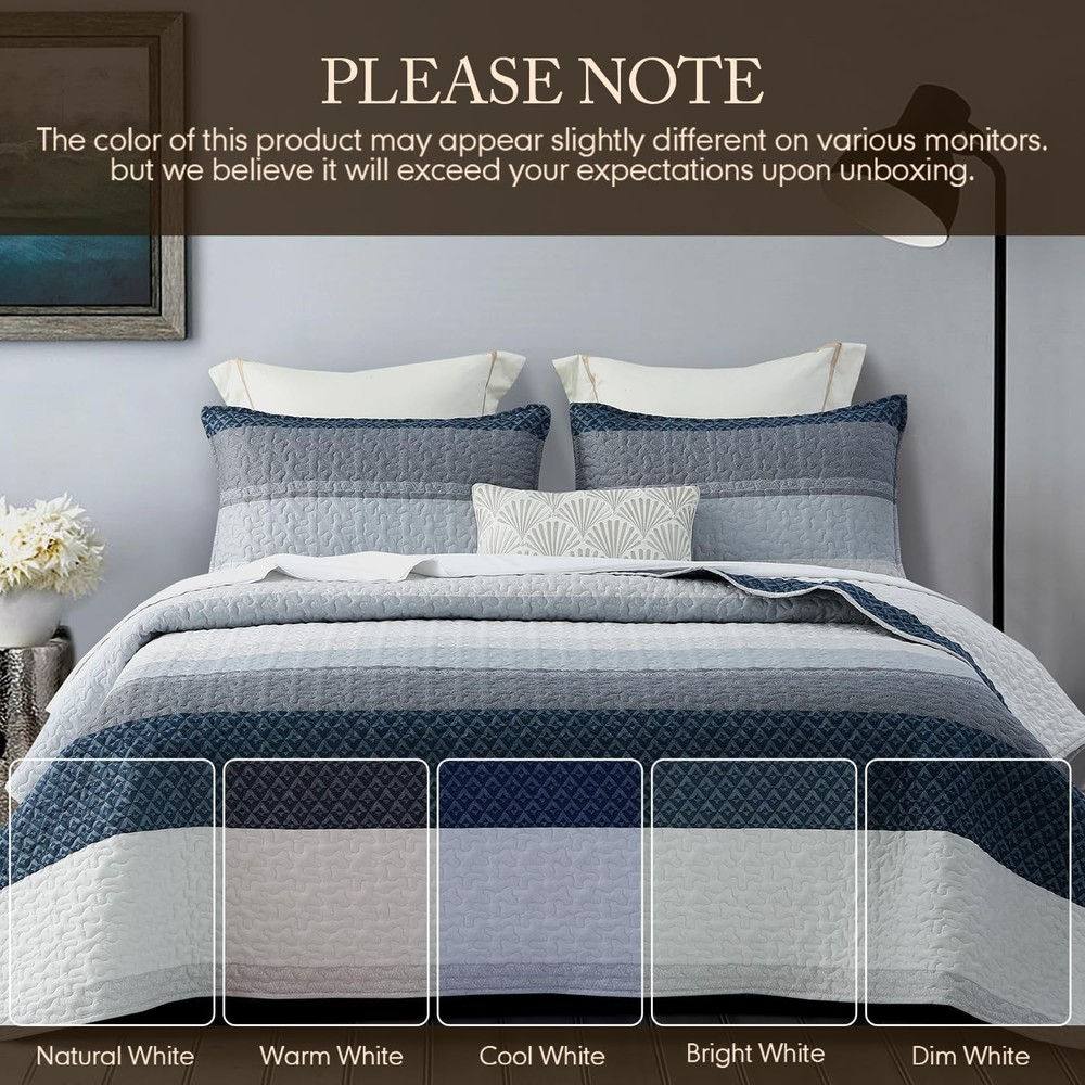 Striped Quilt Set King Size 3Pcs Blue & Navy Striped Patchwork Pattern All