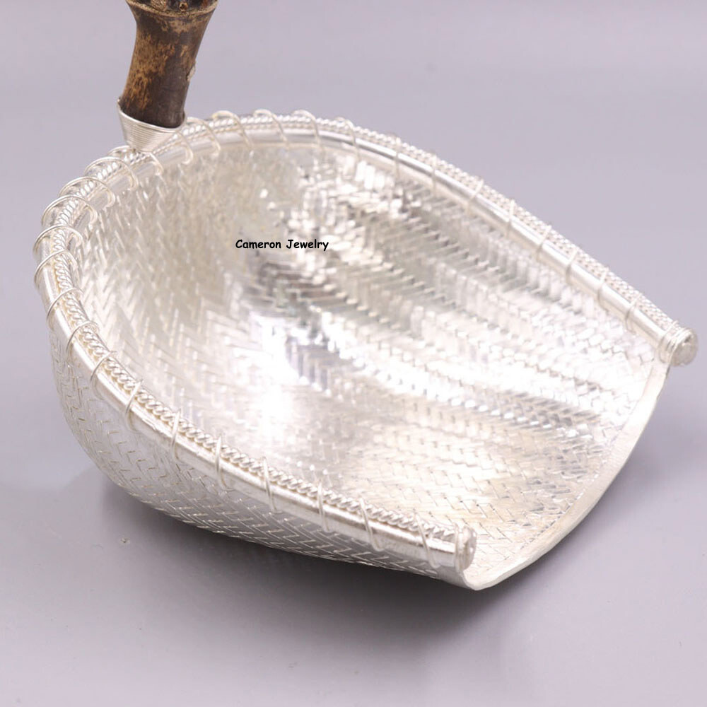 Solid S999 Fine Silver Tea Infuser Bamboo Handle Braided Tea Strainer 3.8in