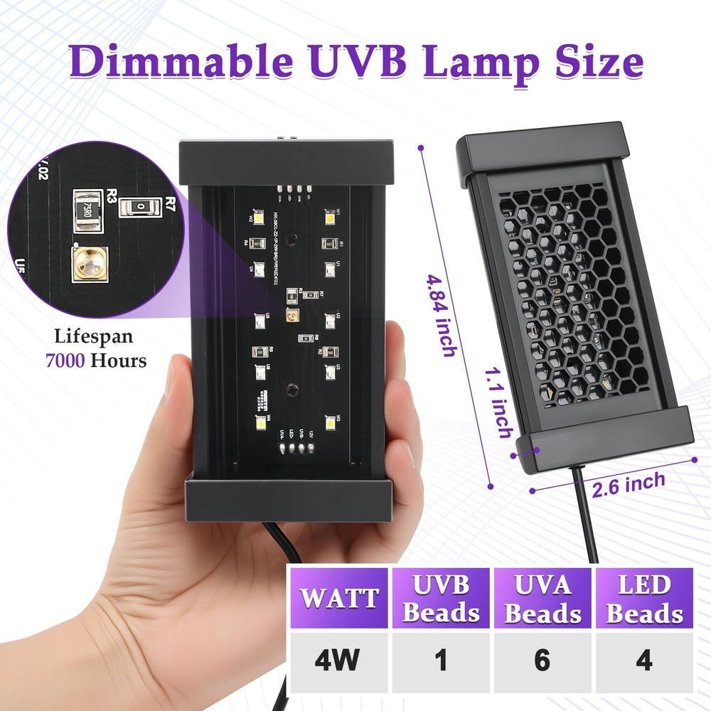 Dimmable uvb Light for Reptiles, 3 Modes Lighting,Adjustable 4, 8, 12 Hour Cy...