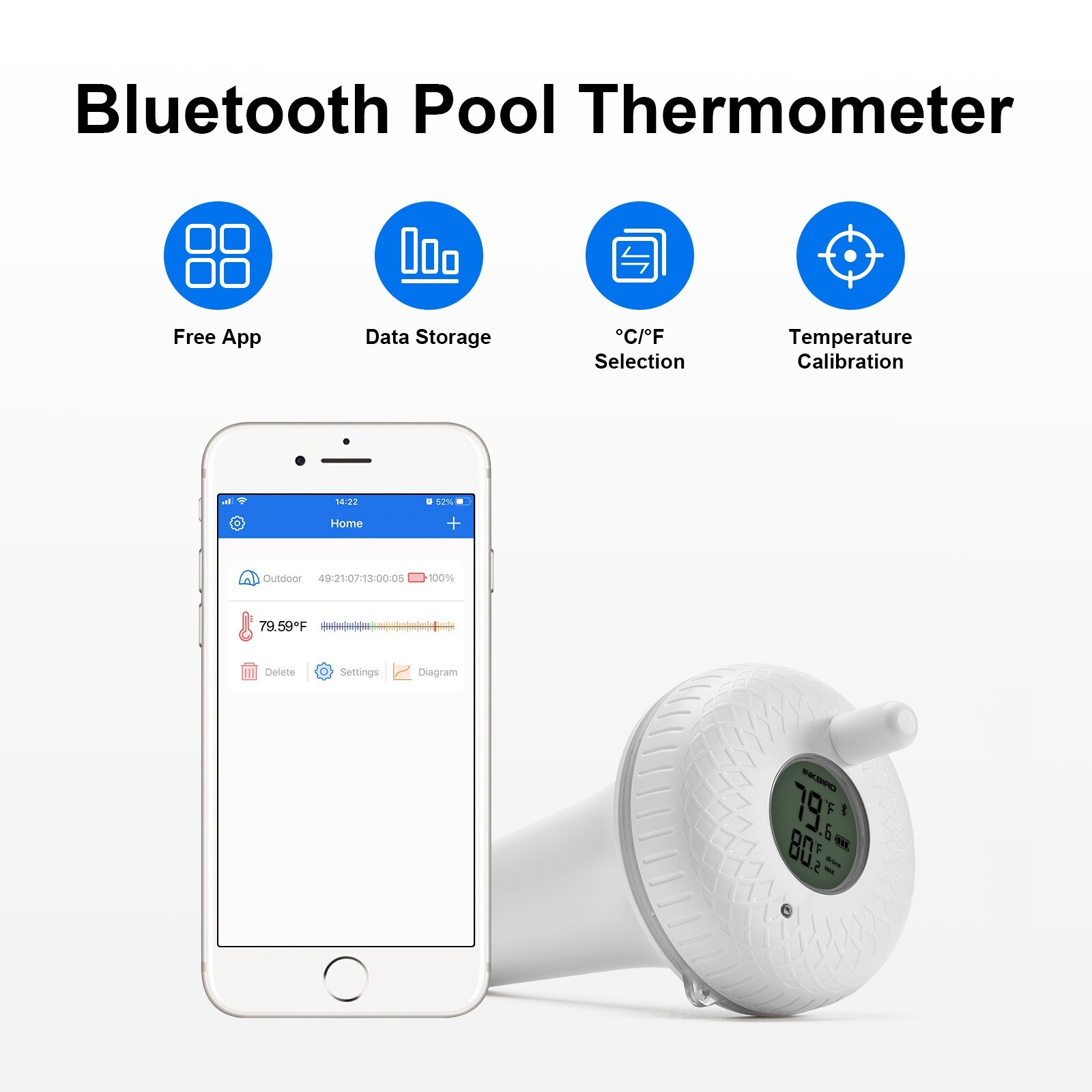 Bluetooth Floating Thermometer Pool Spa Thermometers IBS-P01B App Control Bath