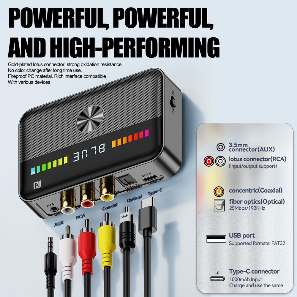 Bluetooth 5.3 Receiver Transmitter Wireless 3.5mm AUX NFC to 2 RCA Audio Adapter