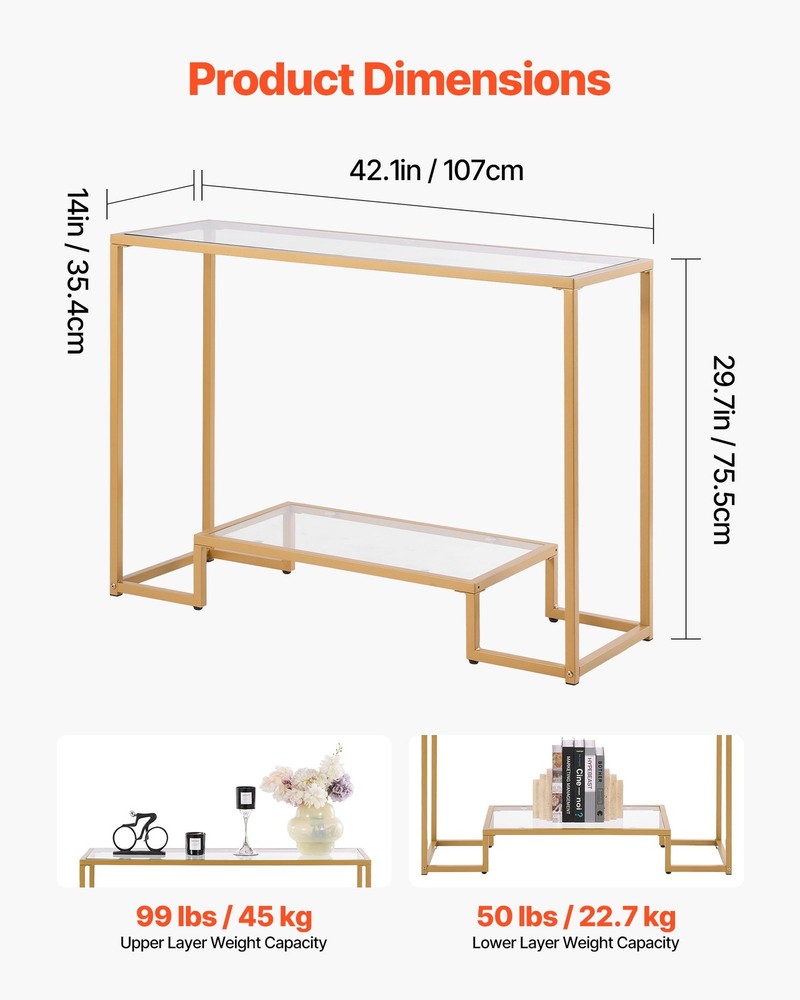 New/2-Tier Glass Console Table, Modern Rectangle Sofa Side Table with Tempered G