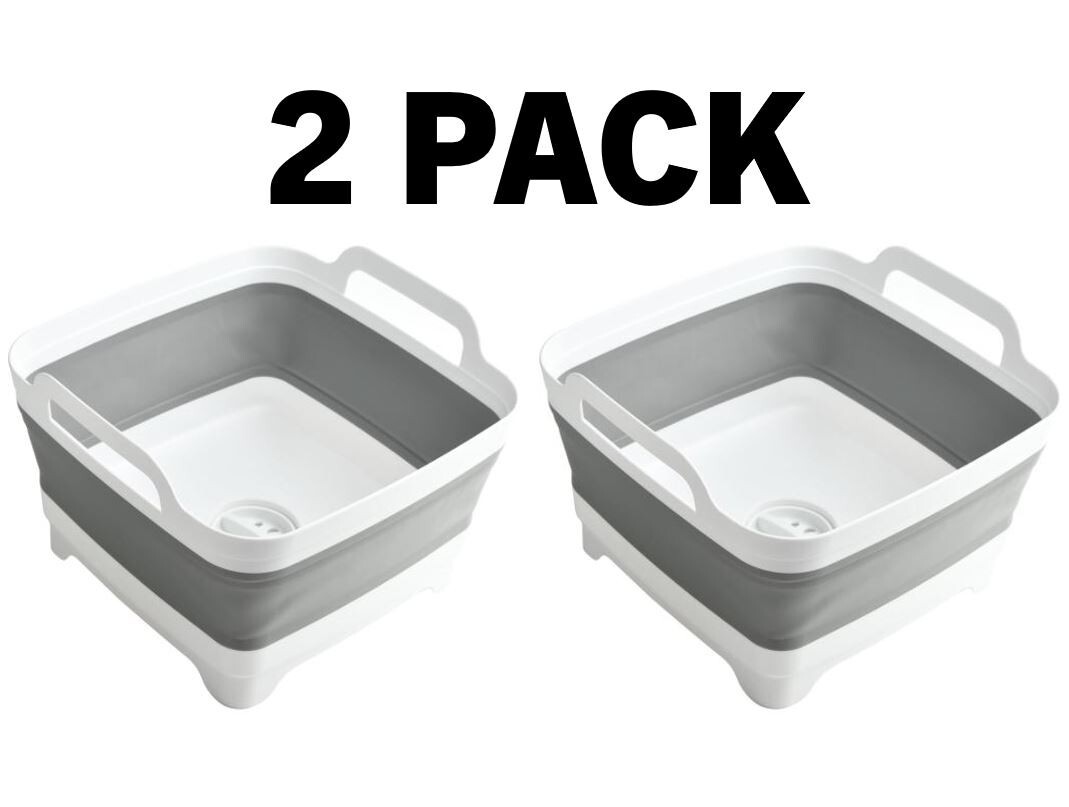 2 PACK! Gray Collapsible Sink with Drain, Wash Basin Camping Kitchen Laundry Tub