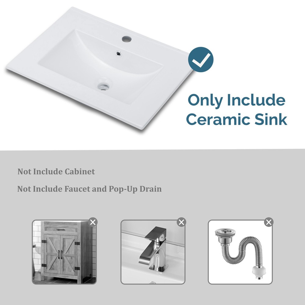 24" Ceramic Vanity Top Sink, Modern Rectangular Bathroom Basin with Faucet Hole