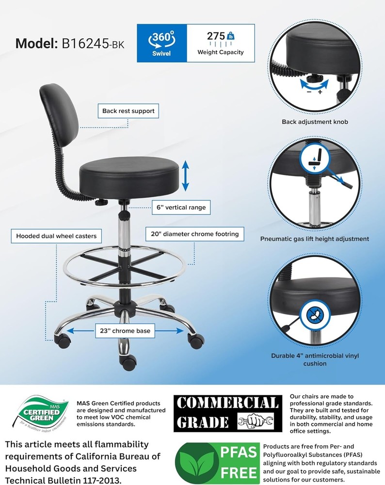 Durable Antimicrobial Vinyl Drafting Stool with Chrome Base - Black Elegance