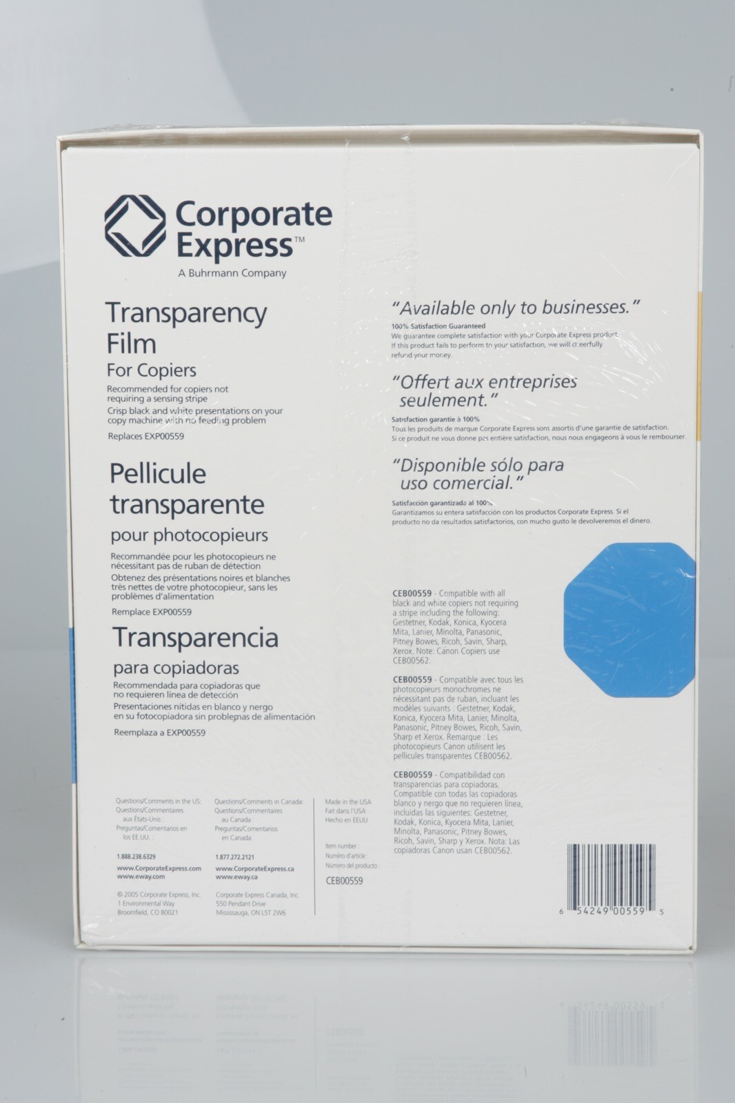 Transparency Film For COPIERS NOT REQUIRING STRIPE 100 Sheets 8.5x11 CEB00559