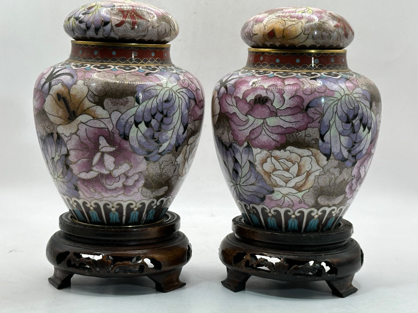 Vintage Pair of Chinese Cloisonné Enamel Ginger Jar Floral Motif 6.75" Wood Base