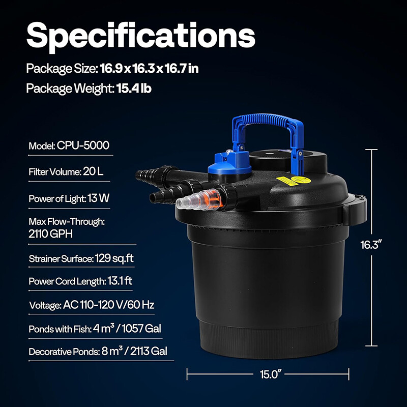 2110 GPH Bio Pressure Pond Filter w/ 13W Light Multi-Size Adapters for Koi Ponds