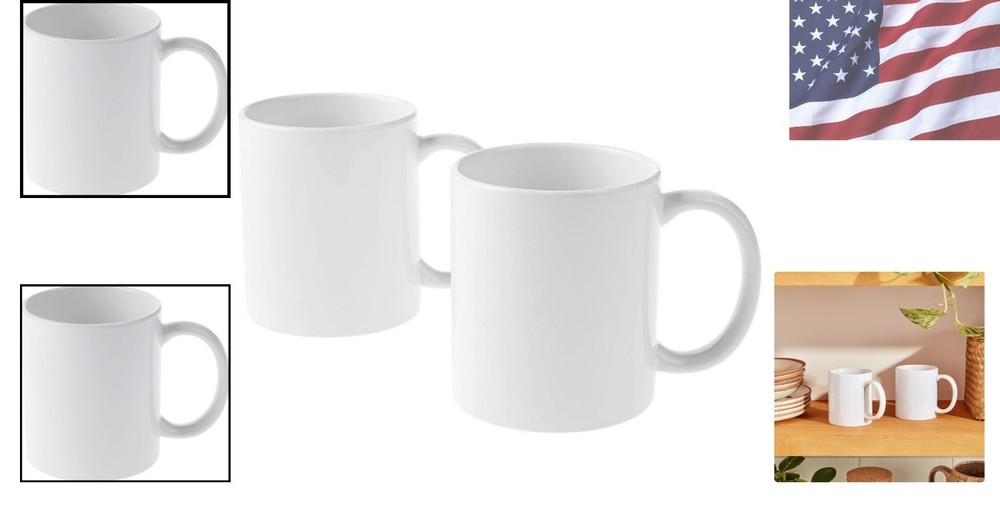 Durable Ceramic Sublimation Mugs - 12 Oz, Glossy White, 2 Pack for Creatives