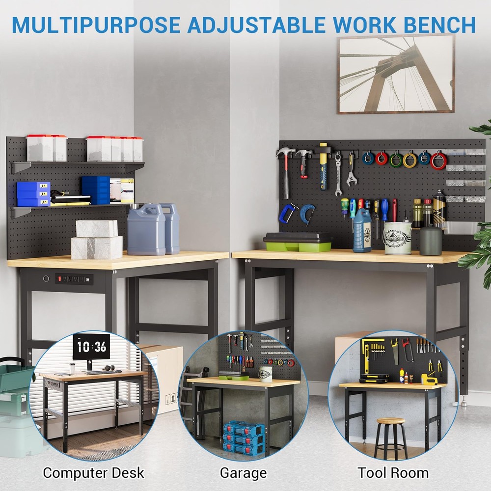 48" Garage Workbench with Pegboard Wall 2000lbs Table 28-40" Adjustable Height