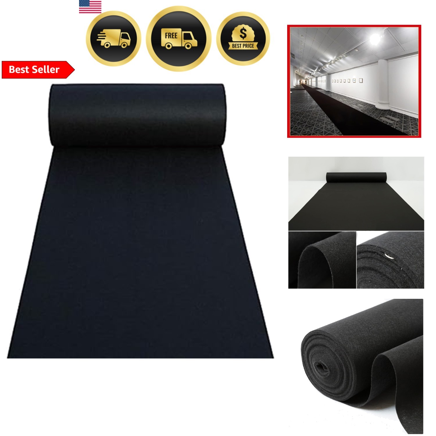 Wedding Aisle Runner Carpet Rug Black 24 Inch x 15 Feet Indoor Outdoor