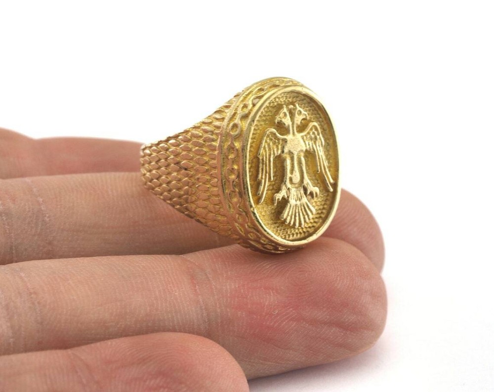 Signet Ring Double Head Eagle Logo Adjustable Ring Raw Brass 19mm 9US 2674