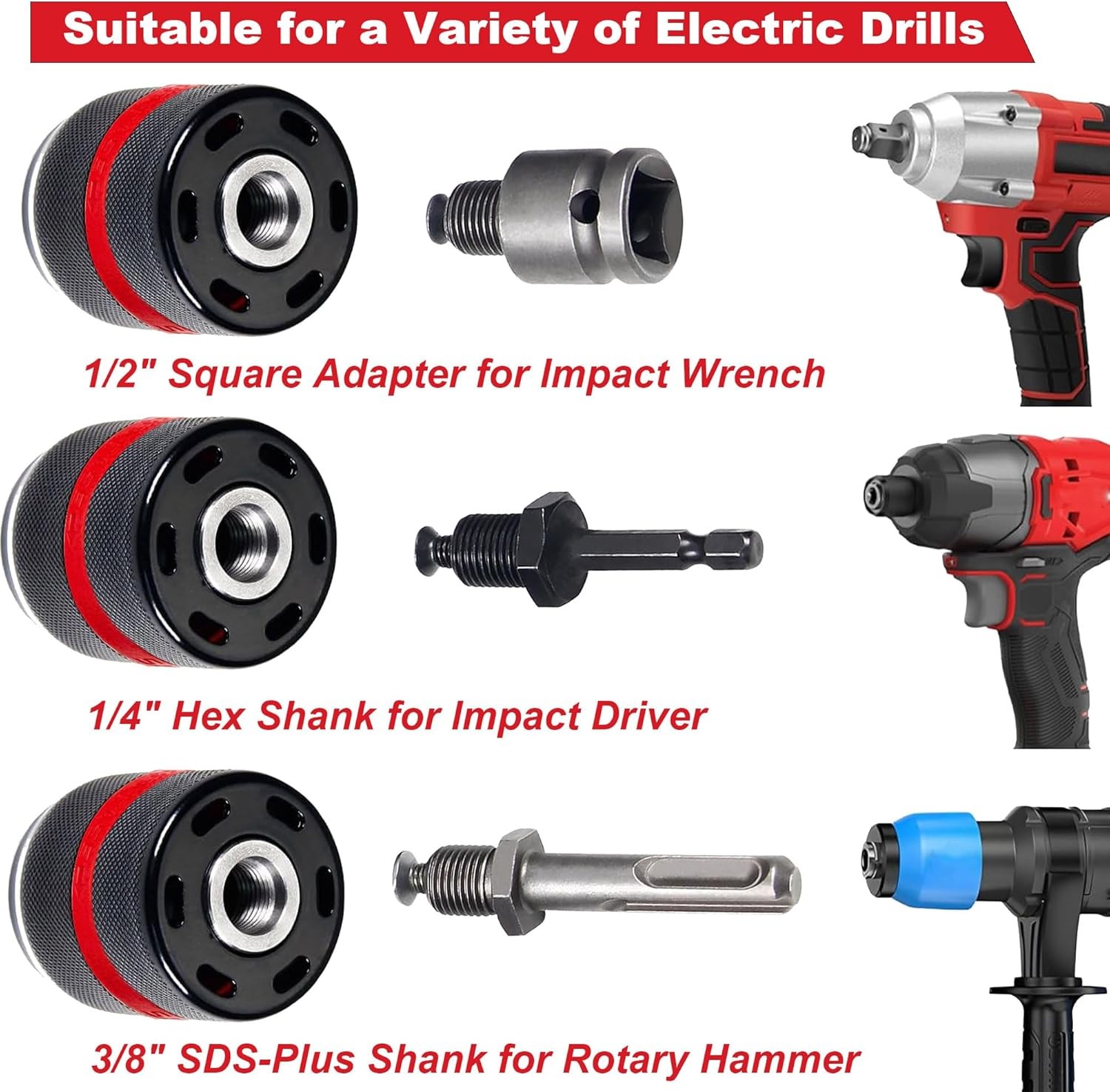 Metal Heavy Duty 1/2-20UNF 13mm Keyless Drill Chuck Hex Shank/SDS/Square Adaptor