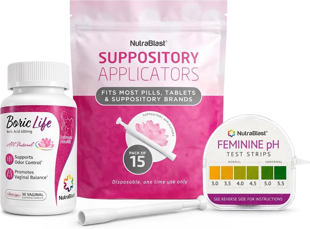 NutraBlast Boric Acid Suppositories 600mg (30 Count) Bundle with Disposable Supp