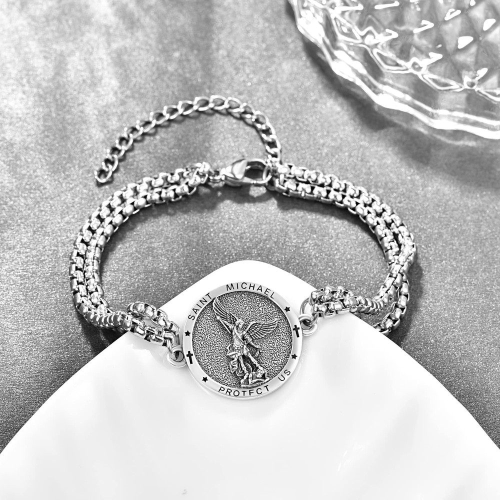 KINGWHYTE St Michael/St Christopher Bracelet Sterling Silver Men Adjustable B...