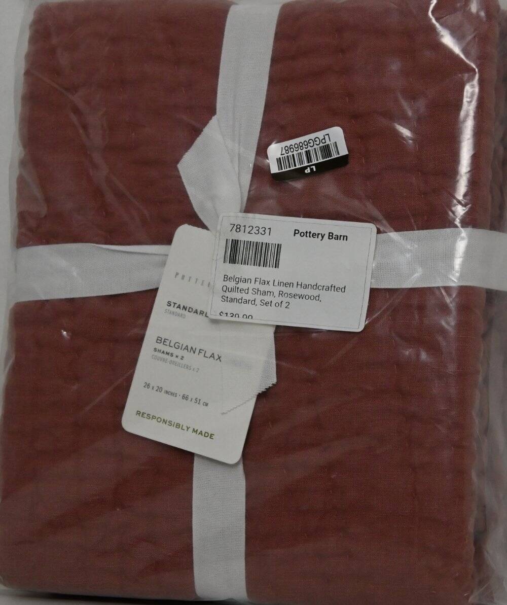 Pottery Barn Belgian Flax Linen Handcrafted Quilt, Twin & 2 Shams Rosewood NWT