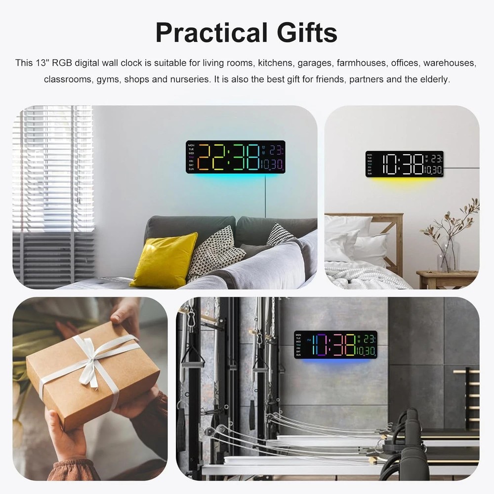 Large LED Digital Wall Clock with RGB Remote, Alarm, Temp, and Timer