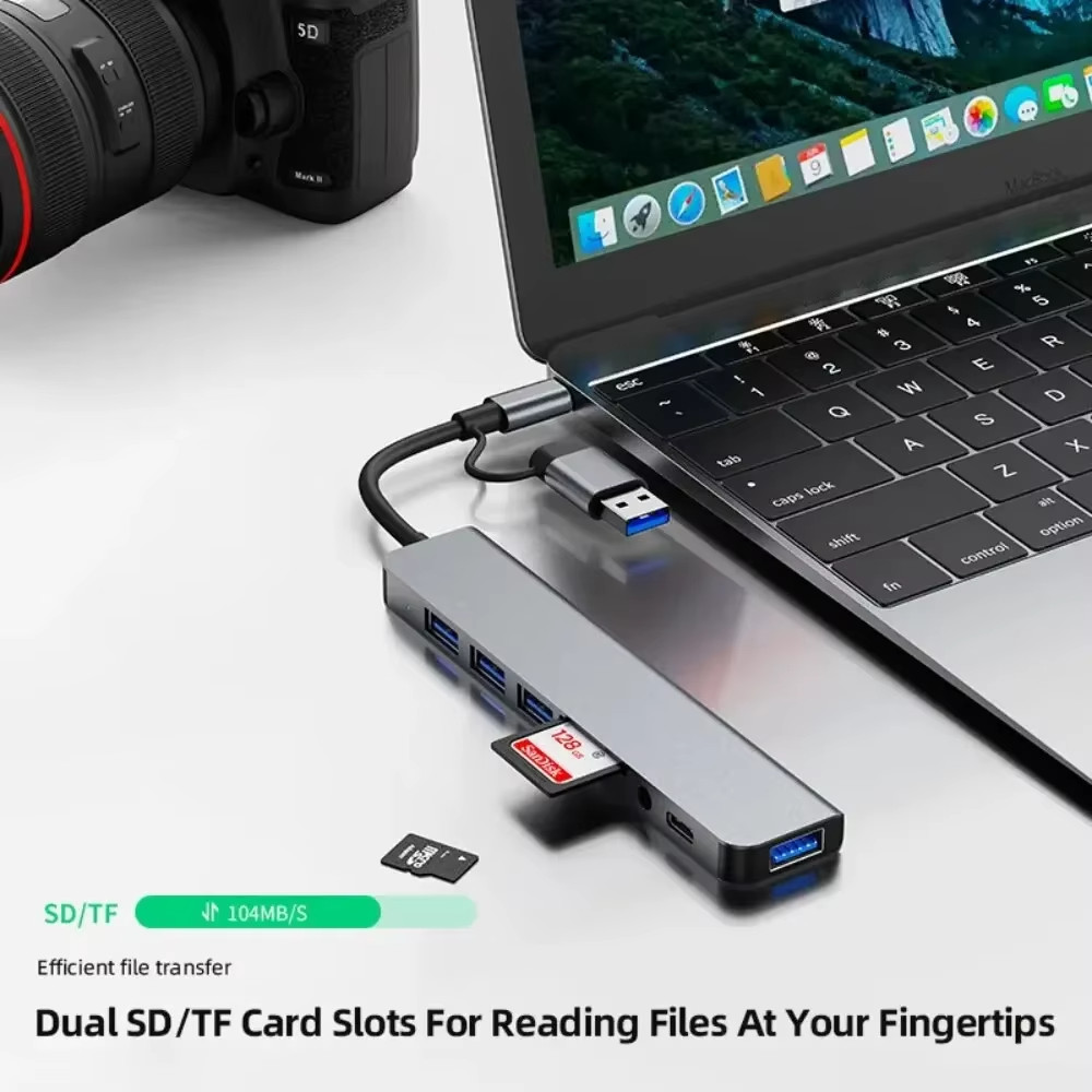 8-in-2 USB + Type C Hub Docking Station with Audio Jack & SD Card Reader Adapter