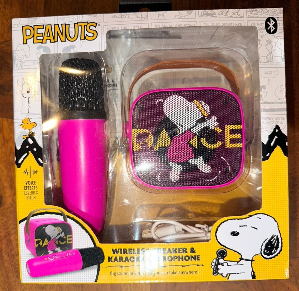 Peanuts Snoopy Wireless Speaker & Karaoke Microphone Set-Pink-Peace-NIB