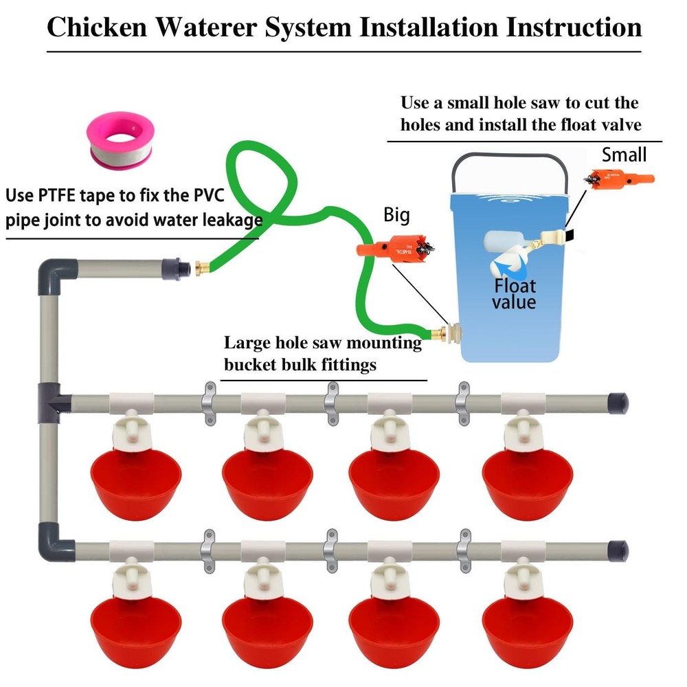 Complete Set Pipeline Automatic Chicken Watering System, 1/2" PVC Tee Fitting...