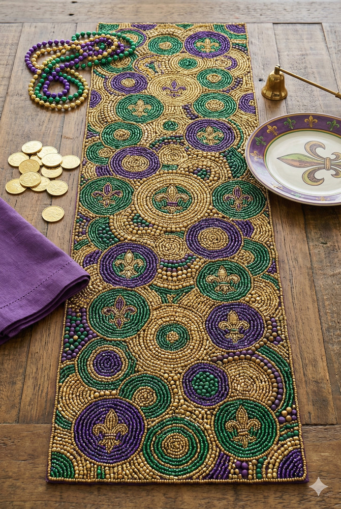 Mardi Gras Table Runner – Beaded Fleur de Lis Table Decor