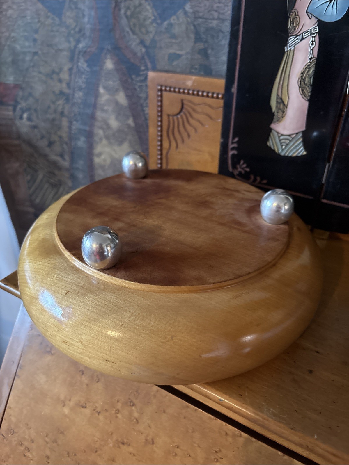 Solid Wood Salad Bowl 3 Sterling Silver Ball Feet Beautiful 9.5”