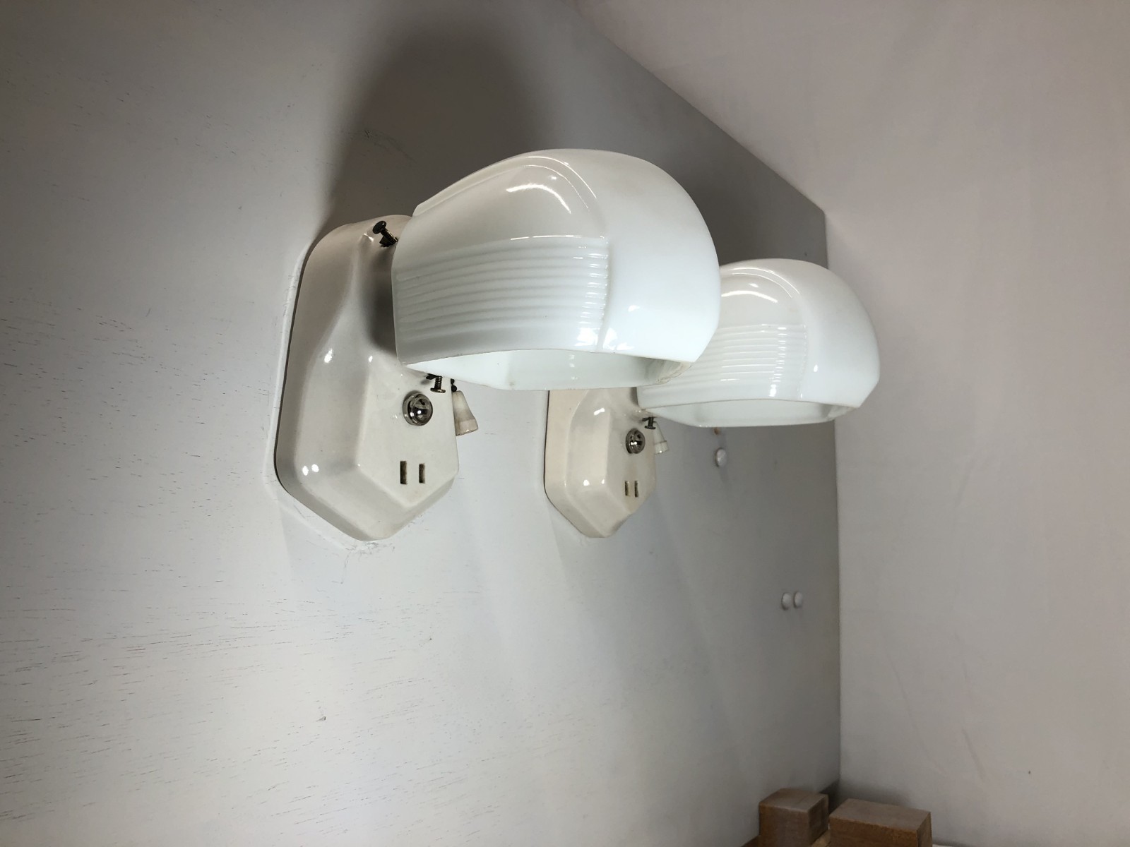 Antique Porcelain Wall Sconce Pair Vtg Light Fixture Ceramic Bath Art USA #L24