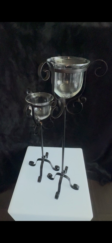 Wrought Iron & Glass Candle Holder Set