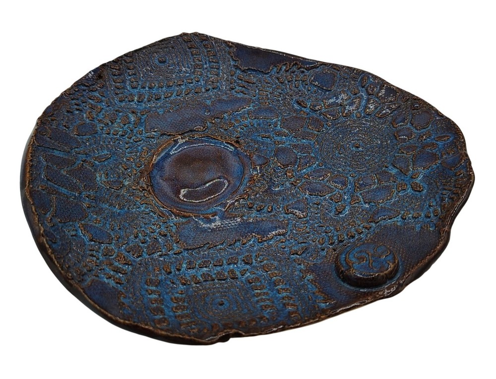 Handmade Pottery Trinket Dish Blue Lace Texture Boho Catchall Artisan Signed