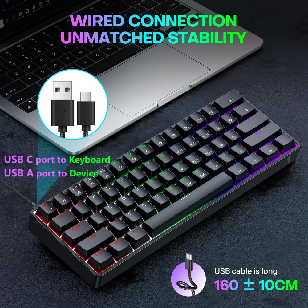 TECURS 60% Compact Mechanical Keyboard for Mac/Windows/PC, Ideal Black
