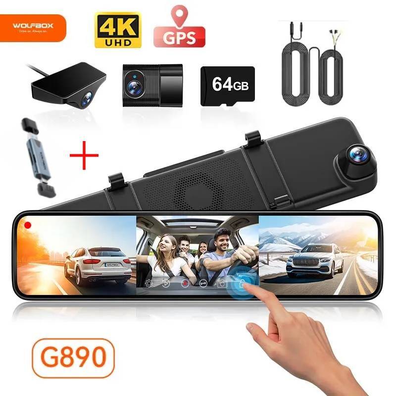 WOLFBOX G890 3 Channel Dash Cam 4K Front and Rear Dash Camera GPS W/ Card Reader