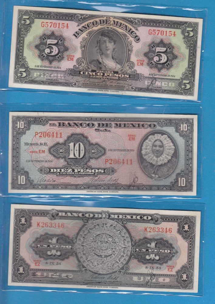 Three 1954 Mexico Notes ( 1, 5 & 10 Pesos Notes)