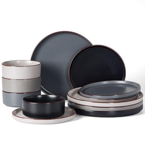 Nebula Ridge Stoneware Dinnerware Sets, Plates and Bowls Set(12pcs) Multicolor