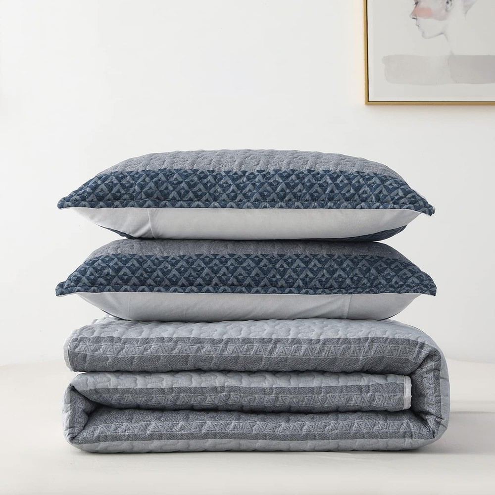 Striped Quilt Set King Size 3Pcs Blue & Navy Striped Patchwork Pattern All