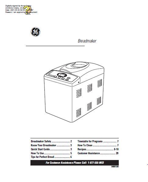GE Bread Machine Instruction Manual 106732 106861