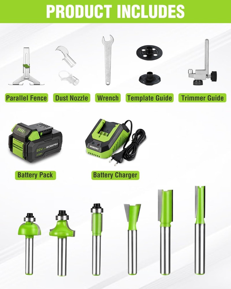 WORKPRO 20V Cordless Compact Router Tool 6 Speed Multi-Angle Adjustable Straight