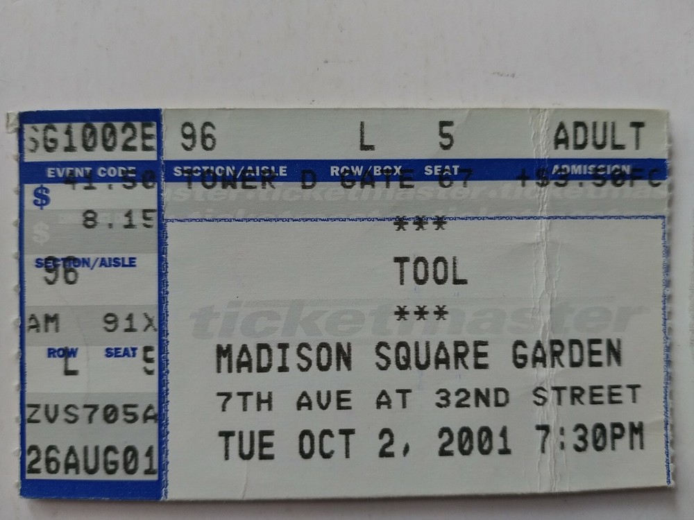 TOOL - MSG 2001 CONCERT TICKET STUB