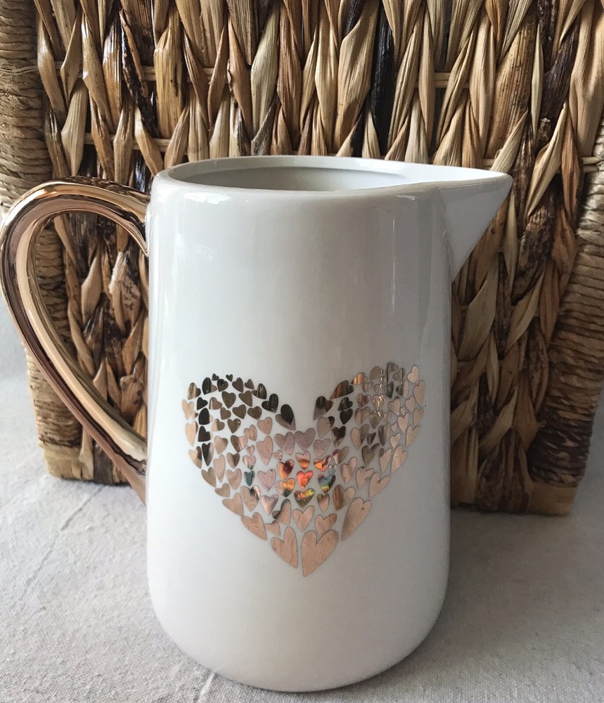 Ceramic Pitcher 7”Heart Flutter White W/ Copper Handle Unique. EUC debi Lily