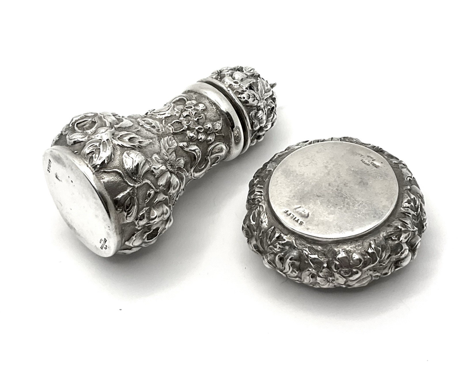 Antique Stieff Rose Repousse Sterling Silver Open Salt Cellar & Pepper C-1920