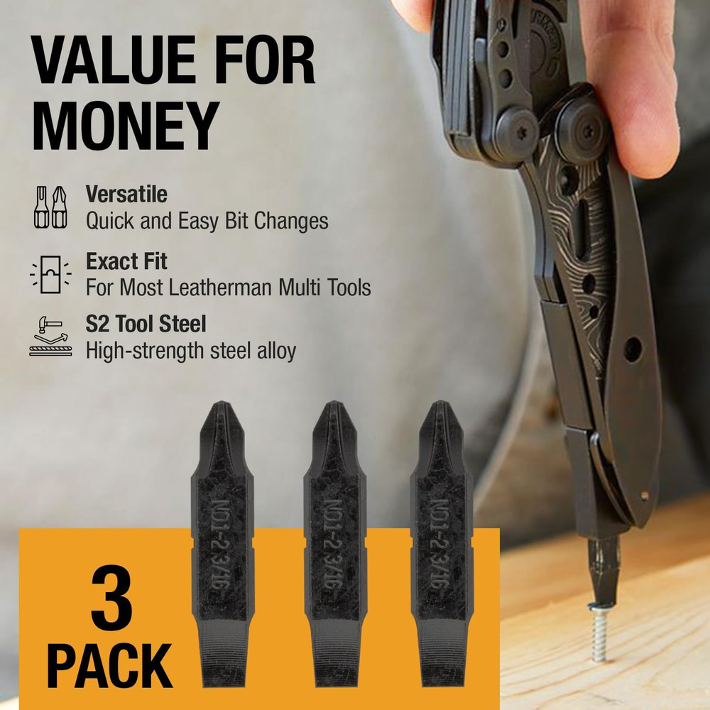[3 Pack] Replacement Two-Sided Screwdriver Bit for Leatherman Multi-Tool - #1-#2