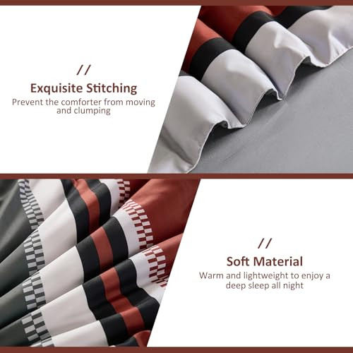 King Comforter Set 7 Pieces, Red Striped Bed in a Bag, Soft Lightweight