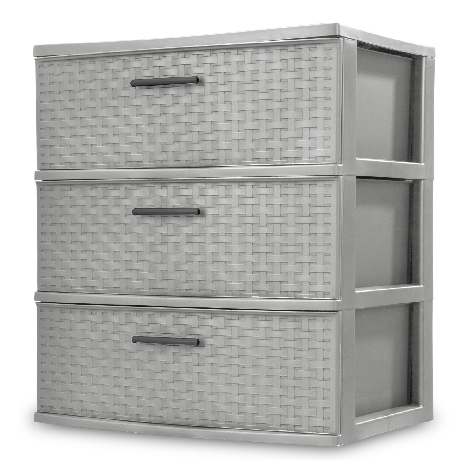 Sterilite 3 Drawer Wide Storage Tower, Plastic Weave Home Organizer, Cement