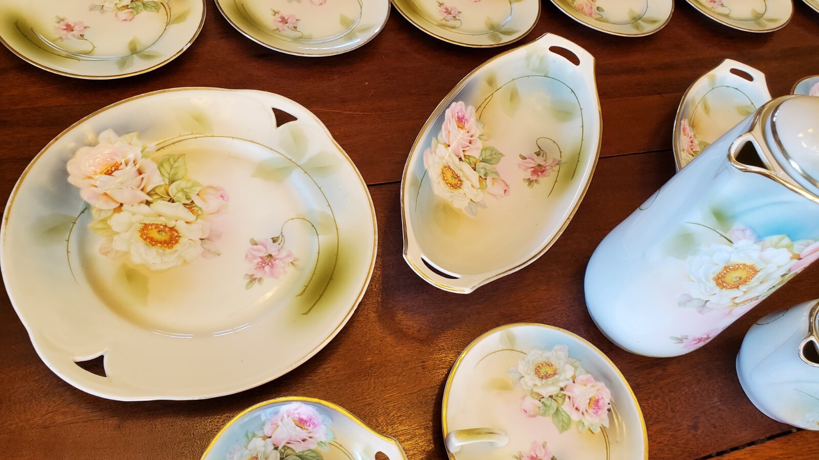 Antique Chocolate Set, Germany, Hand Painted W/Roses, Massive 34 Piece Set!