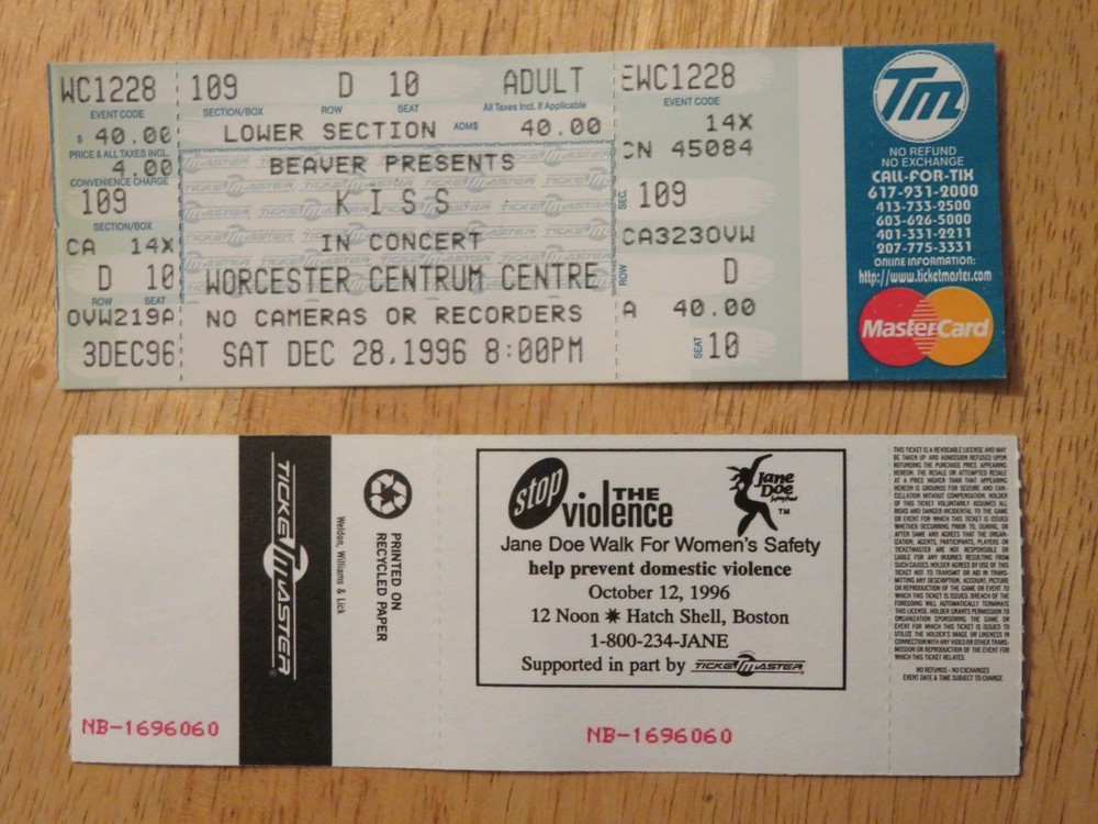 UNUSED KISS December 28, 1996 CENTRUM WORCESTER Ticket GENE SIMMONS PAUL STANLEY