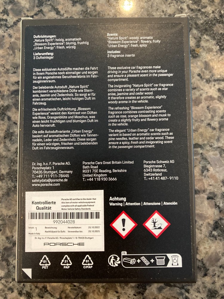 PORSCHE DESIGN ASSORTED 3~PACK REFILL FOR THEIR 911ish CAR AIR DIFFUSER/HOLDER