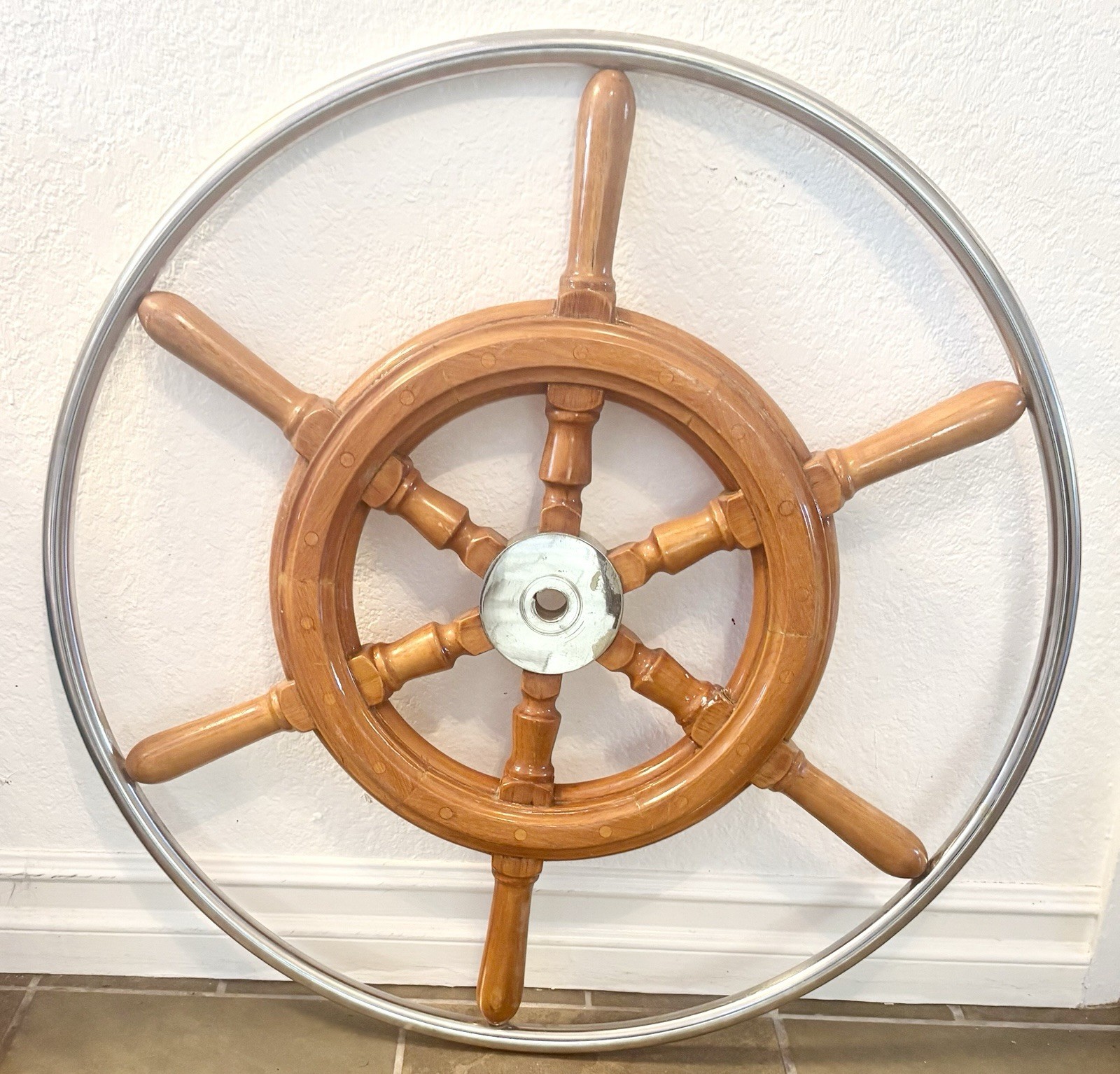 Wood & Stainless Steel 28 Inch Yacht Steering Wheel 6 Spoke 1 Inch Shaft Nice