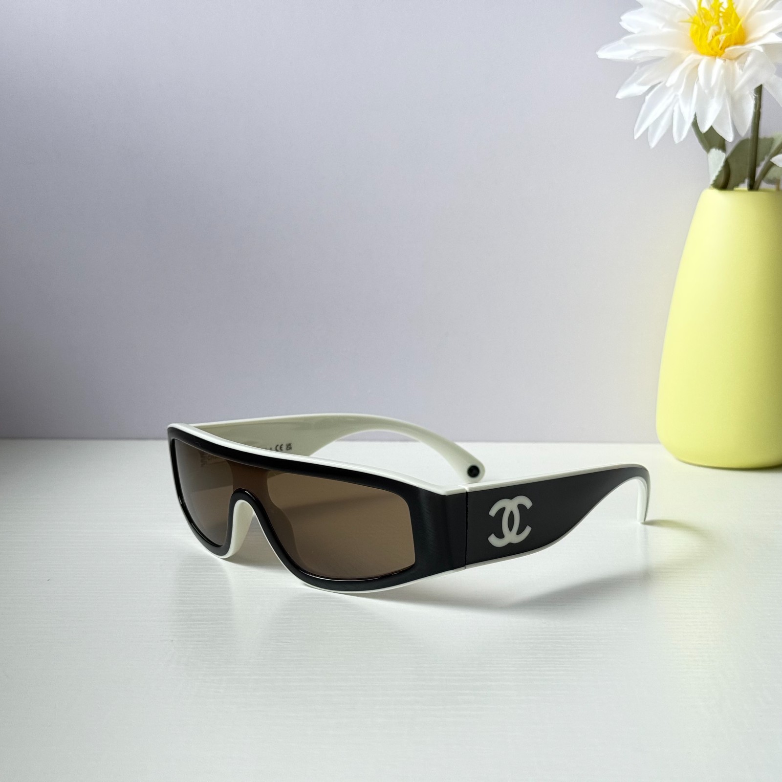 Chanel CH6057 Sunglasses Black/Beige Shield Wrap Brown Lens