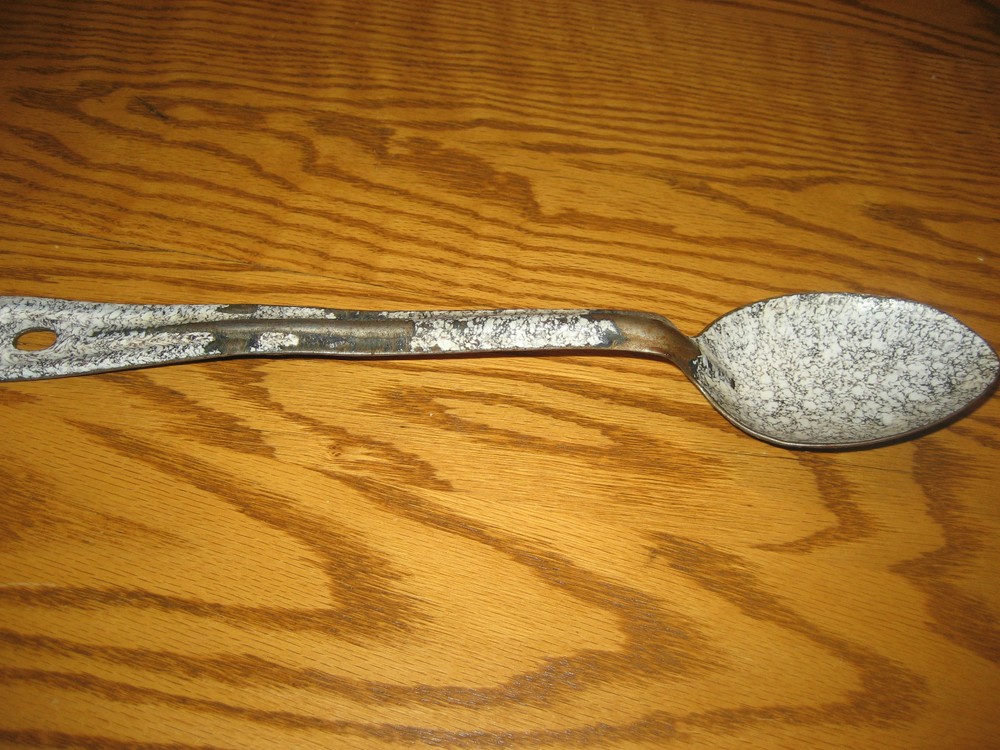 PRIMITIVE BLACK & WHITE SPECKLED GRANITEWARE METAL SPOON