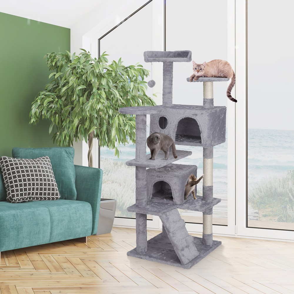55'' Cat Tree Tower with Sisal Posts Sturdy Cat Activity Center Light Grey